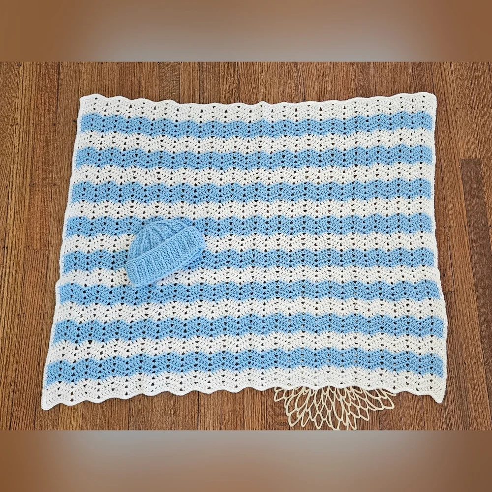 Handmade Crochet Baby Blanket and Matching Cap Size 30 x 36
